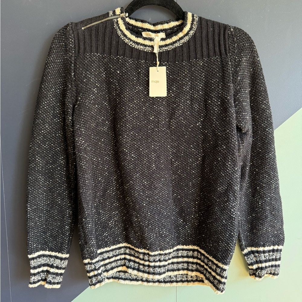 Nwt Maje Fiere Black And White Crew Neck Sweater Sz 1/Us S